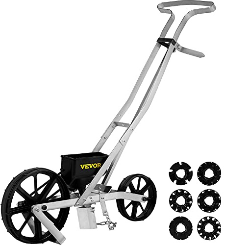 VEVOR Semoir Jardin Manuel Aluminium ABS Épandeur Engrais Gazon 78-84 cm Distributeur Graines Précision Métal 6 Plaques de Semences Roue Avant 6 cm Arrière 5 cm pour Graines Maïs, Radis, Carotte, Pois