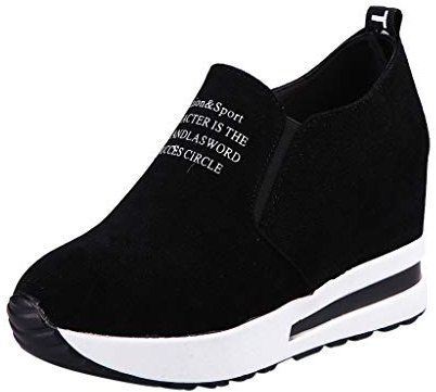 UnoSheng Zapatos elegantes para mujer con tacón Sportflock Slip-on casuales Mujeres Cuñas Plataforma de moda para mujer Zapatillas de deporte mujer 39-42 Negro, Negro , 39 EU