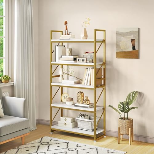 YITAHOME Bücherregal mit 5 Ebenen, Großes Standregal, Holzregal und Metallrahmen, Industrieregal, Bodenstehendes Lagerregal, für Wohnzimmer, Home Office, Gold Regal