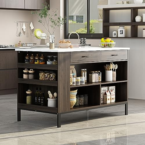 Isola da cucina marmorizzata - mobile 2 cassetti, tavolo da colazione, bar e ripiani MDF 75x140x92 cm