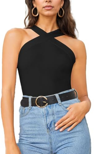 Auriselle Ladies Strapless Halter Top Canotta con Scollo Incrociato - Sexy Top Senza Maniche Slim Stretch per la Sera, Estate Elegante Party Leisure, Nero, M