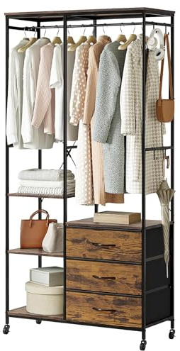 Mintnook Penderie Vetement, Armoire Chambre, Penderie Vetement Dressing, Portant a Vetement, avec tiroirs, roulettes et Étagères Réglables, Crochets, Brun Rustique
