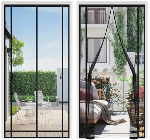 Sekey Fliegengitter Balkontür Magnet Zuschneidbar - Zweiseitig Genähte Schnallenbänder| Ohne Bohren| 4cm Klettband Oben, Insektenschutz Balkontür für Balkon/Terrassen/Schlafzimmer, 90x210cm, Schwarz