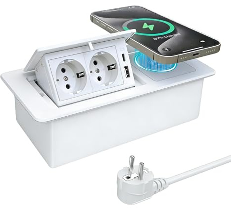JACEPFY PD20W - Prise escamotable USB C et 15 W - Charge sans fil - Double prise encastrable - Prise de table pour bureau, plan de travail de cuisine, blanc