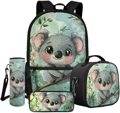 Dngkaoje 4-teiliger Schulrucksack für Kinder, Mädchen, Jungen, mit Lunchbox, Federmäppchen, Wasserflaschenträger, Grüner süßer Koala, L11.02xW5.12xH17.32 inches, Schulranzen-Set