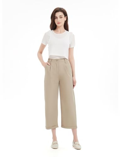 GLOWELFA Pantalon Femme Été Fluide Taille Haute – Coupe Large 7/8 Pantacourt Élastique au Dos, Léger et Confortable, Tissu Respirant et Extensible, Idéal Travail Bureau Vacances (G82876,M,Kaki)