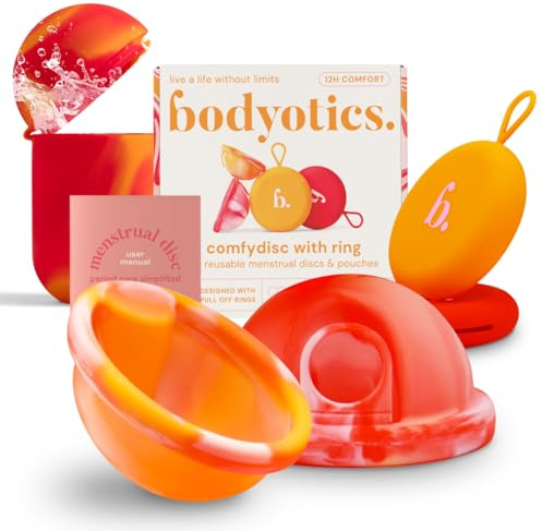 Disques menstruels réutilisables (S & L) et étui stérilisateur polyvalent – Ensemble de disques réutilisables avec conteneur portable silicone pour nettoyage et rangement (Rouge et Orange)