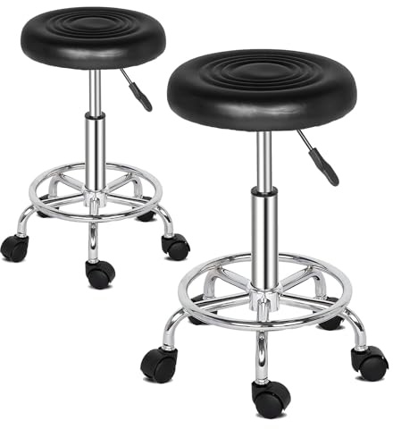 TactFire Sgabello con Ruote Regolabile in Altezza in Pelle PU, Sedia da Lavoro Imbottita con Cuscino in Pelle, per Bar, Casa, Parrucchiere,Ufficio (2,Nero)