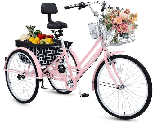 BGGFNZ 24/26 Inch Tricycle for Adults, 7 Speed Beach Cruiser Bike Adult Tricycles for Women Men, 3 Wheel Bikes for Adults Large Seat with Backrest, Three Wheel Bikes with Front & Rear Baskets