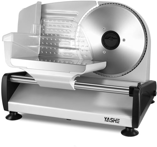 YASHE Cortadora De Fiambre, 150W Cortafiambres Para Carne Y Pan Con Cuchilla De Acero Inoxidable Removible 19cm, Grosor Ajustable 0–15mm, Bloqueo De Seguridad, Patas Ventosa Para Carne, Queso Y Pan