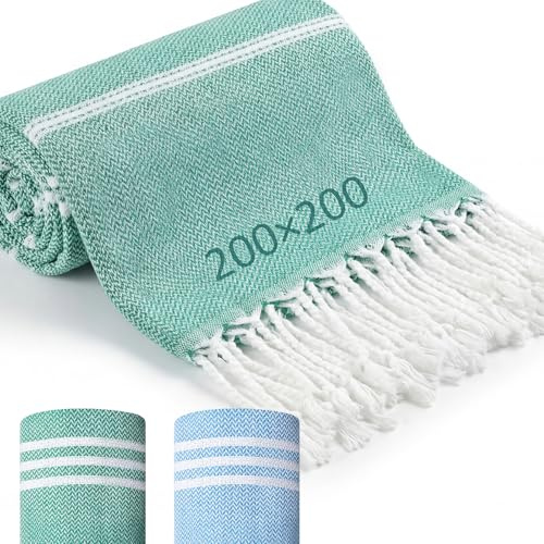 Nuenen 2 Toallas de Baño Sauna Turco Suaves Playa Toalla de Hammam Grande Absorbente Ligera Compacta para SPA Ducha Yoga(200 x 200 cm,Azul, Verde)