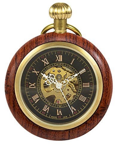 TREEWETO Unisex Holz Taschenuhr mit Kette Analog Handaufzug Skelett Römische Ziffern