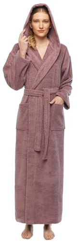Arus Womens Classic Long Hooded Full Length Turkish Cotton Ankle Length Bath Robe Plum, Large-X-Large