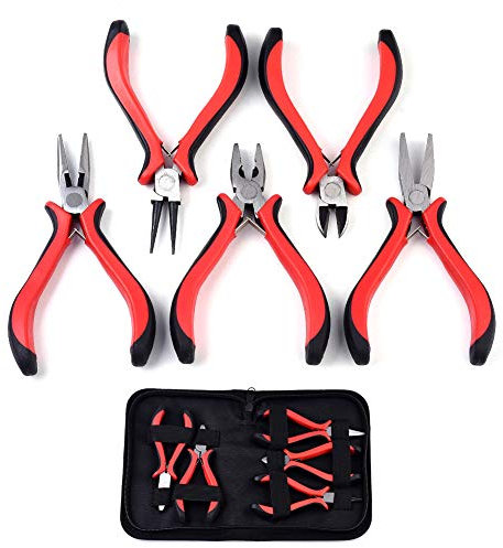 Cheriswelry Lot de 5 pinces à bijoux à bec rond - Pince coupante latérale - Pince coupante - Pince à bec plat - Avec sac noir - Mini outil de bijoux pour réparation de bijoux et perles