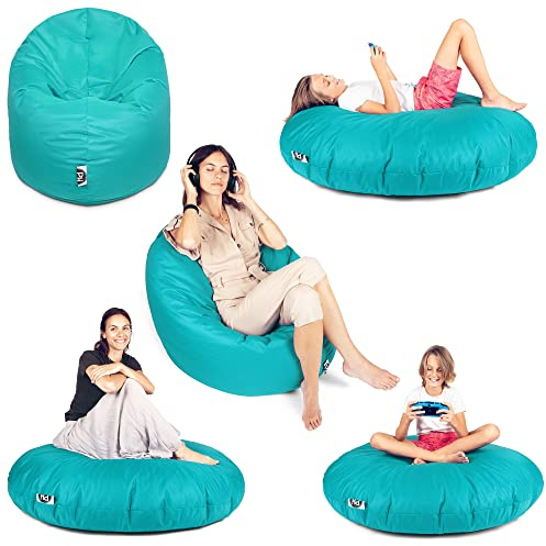 PATCH HOME Patchhome Sitzsack 2 in 1 Sitzkissen Bodenkissen für Erwachsene & Kinder - Gaming mit Füllung Kissen Sessel BeanBag (Ø 125cm, Türkis)