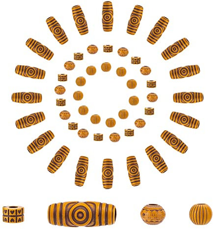 SUNNYCLUE 80 Stück 4 Stile Holzgeflechtperlen Holzimitat Acryl Dreadlock Haarsäule Ovale Runde Große Lochperle Lose Abstandshalter Für Haarstyling Dekoration DIY Bastelzubehör