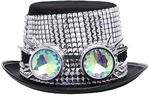Erwachsene Pailletten Gotisch Steampunk Zylinder Hut mit Brille für Damen Herren Halloween Mardi Gras Karneval Festival Kopfschmuck Accessoire(Kopfumfang: 61cm/24.02, Silber)