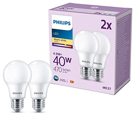 Philips LED E27, confezione da 2 lampadine, equivalente a 40 W, lampadine LED smerigliate, Plastica, Luce Bianca Calda 2700K, LED a risparmio energetico con lunga durata