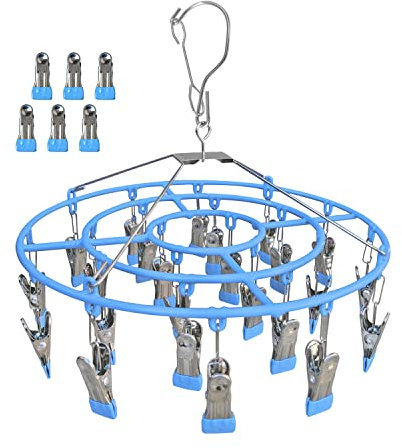 Funamily Estante de Secado de Ropa, Colgador de Goteo de Acero Inoxidable con 24 Clips, Gancho Giratorio Redondo Resistente al Viento para secar Toallas, Sujetadores, Calcetines, lencería, Ropa de