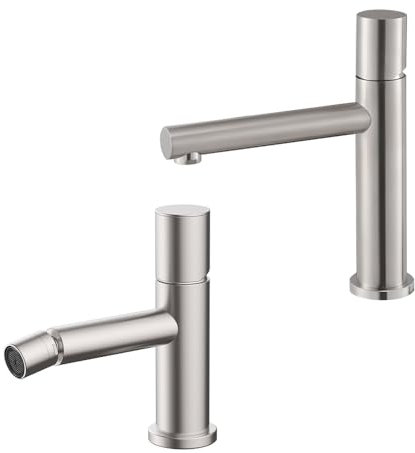 Set miscelatori lavabo e bidet satinato senza leva in acciaio inox, manopola rotante e indicatori per l’acqua, GEMINI