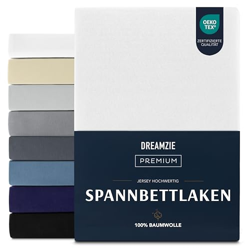 Dreamzie Premium Spannbettlaken 160x200 cm, Spannbetttuch für Dicke Matratzen bis zu 27 cm, Bettlaken 100% Jersey Baumwolle, 150 g/m², Oeko-TEX Zertifiziert - Weiß