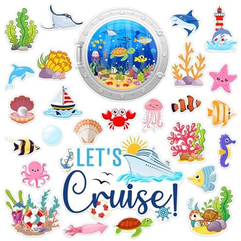 27 PCS Cruise Ship Door Magnets Decorations Cute Ocean Animal and Plants Magnet Stickers Fish Crab Shark Ships Magnets for Refrigerator Cruise Door Car Carnival Party Supplies Decoration