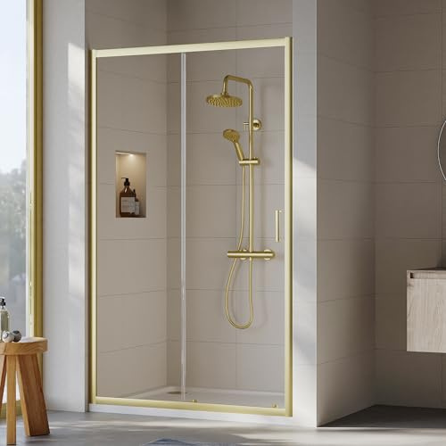 Balterley Sliding Shower Door, Bar Handle Sliding Doors, 6mm Toughened Safety Glass Shower Door, Reversible Glass Doors for Bathroom Showers, Framed Enclosure - 1190 x 44 x 1900mm (Brushed Brass)
