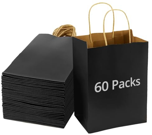 QWORK® 60pc sacchetti carta nero con manici, sacchetto regalo, 15X8X21CM, per feste, imballaggi, sacchetti regalo di compleanno, borse per la spesa