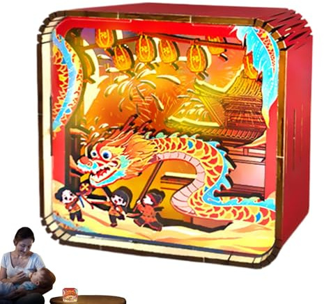Adorable Wooden Lamp, Wooden Puzzles Night Light, Wooden Night Light Kit, Led Puzzle Art Light, New Year Table Lamp, Dragon Dance Led Light, Puzzle Art Desk Lamp for Kids Adults, Home