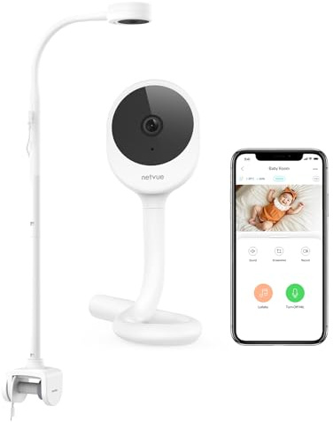 Netvue 1080P Camara Vigilancia Bebe con Soporte 4 en 1, Vigilabebes Camara con App Gratuita, Visión Nocturna, Audio Bidireccional, Análisis del Sueño, Canción de Cuna, Detección de Gritos y Movimiento
