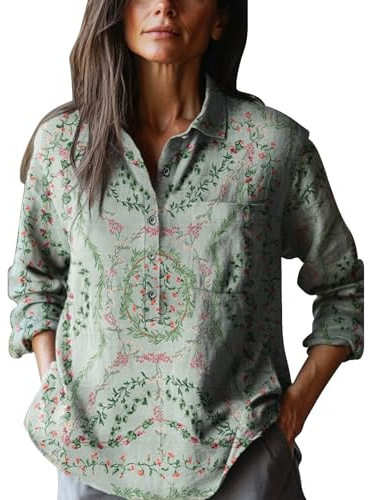 Flannel Shirt Fit 2025 Womens Regular Shirts 111s Women's Retro Floral Art Print Casual Long Sleeve Comfortable Cotton Shirt Plus Size Long Sleeve Shirts for Women 3X (Mint Green, XXL)