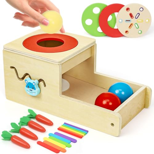 XIAPIA Jouet Montessori en Bois 5-en-1 pour Tout-Petit 1 an et Jeu de Motricité, Boîte de Permanence d'Objet, Tri des Couleurs & Formes, Puzzle Idée Cadeau Éducatif Fille Garçon Noël Anniversaire