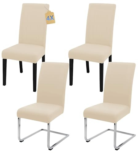 SUKAIKEQA Fundas elásticas universales para sillas (Juego de 4/6/8 Piezas con Respaldo) para salón, Cocina, Oficina, Comedor, Fundas para sillas de Fiesta, Lavables y extraíbles. (4, Beige)