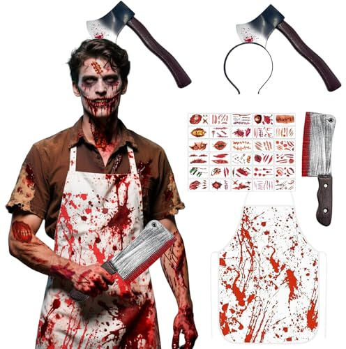 Xbessc Halloween Butcher Costume Horror Butcher Costumes with Bloody Apron, Bloody Axe Headpiece, Machete, 30 Tattoo Scars Zombie for Halloween Horror Party