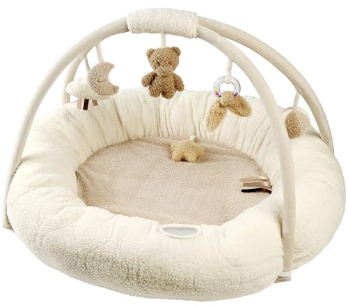 Coperta per Gattonare con Arco di Gioco e Varie Attività, Circa 70x80 cm, Rettangolare, 100% Poliestere, Teddy, Ecrù