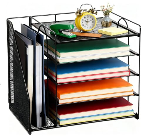 Desk Tidy File Storage Organiser Holder, Mesh Desk Storage Organiser Home Office Accessories Black, for Stationary Supplies Letter Magazine Book Paper Trays Organisers, for Desktop Tidy