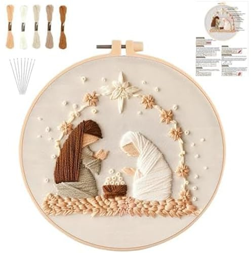 Krippenmotiv Stick-Set, Juego de punto de cruz de Navidad, juego de bordado DIY para adultos con patrón, hilo de algodón, agujas, instrucciones, marco de 20 cm, para decoración del hogar (Krippe)