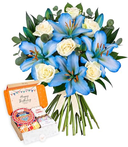 Ocean Rose and Lily - Fresh Cut Flowers - White Roses for Birthday, Anniversary, Get Well, Thank You, Sympathy, Wedding, Celebration - Floral Arrangement for Home Décor, Gift (+ Happy Birthday Postal)