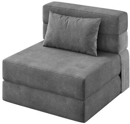 OPULENTHOME Sofá plegable y silla 4 en 1 – Sillón convertible para cama, sofá con cojines, salón de lino para salón, dormitorio, habitación de invitados, gris oscuro