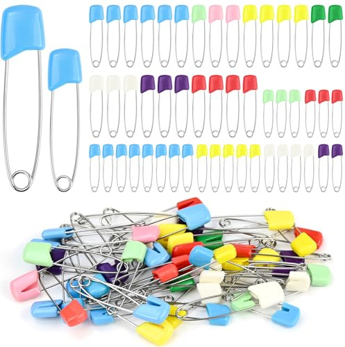 JAXICREY 50 Pcs Nappy Safety Pins, 54mm/40mm Nappy Pins Safety Lock Coloured Diaper Plastic Push-In Stainless Steel Durable Head Fasteners With Safety Lock Closures for Flat, Prefold Nappies