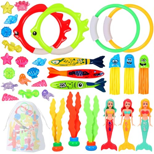 SinHin 33 PCS Diving Toys for Swimming Pool,Sinkies for Kids Swimming Underwater Diving Toys Set with Diving Mermaids,Torpedo,Seagrass,Marine gem,Diving Rings and Stringy Octopus for Summer Pool Party