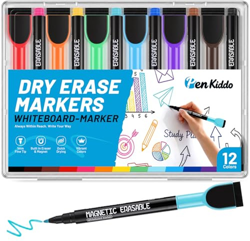 Whiteboardpennor PENKIDDO, 12 Färger Whiteboard Markers med Magnetisk Hatt och Sudd, Fin Spets Magnetiska Whiteboardpennor Snabbtorkande Låg Lukt för Hem Skola Kontor