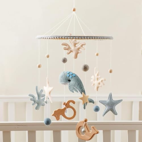 let's make Mobile bébé pour lit de bébé et table à langer - Cadeau pour nouveau-né - Baleine bleue - Carillon éolien en bois - Décoration de chambre de bébé (baleine bleue)