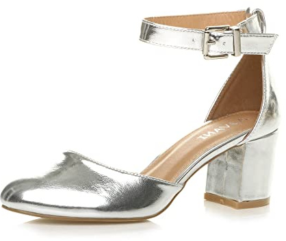 AJVANI dam damer låg mellanklack ankelrem Mary Jane Court skor sandaler storlek, Silver metallisk, 37 EU