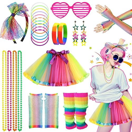 80-talsdräkt för kvinnor och flickor, gröna 80-talsfesttillbehör, tutu-kjol, leggings, fisknätshandskar, retrokläder för 80-talsfest