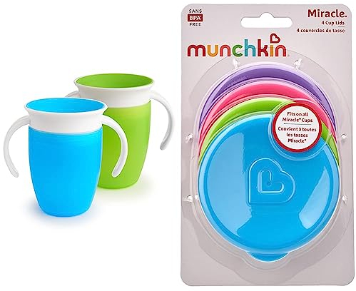 Munchkin Tasse d'Apprentissage Miracle 360 - Gobelet Bébé Antifuites avec Poignées, sans BPA, 207 ml - Lot de 2 Bleu/Vert & Couvercles 360° - Lot de 4