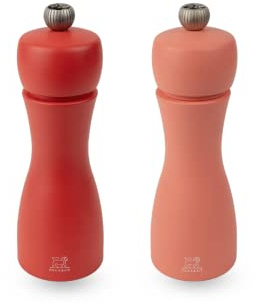 PEUGEOT - Tahiti Duo Pepper Mill + Salt Mill 15cm - Includes Black Pepper and Rock Salt - Classic Adjustment - PEFC Certified Wood - Made in France - Brick Red and Flame Color