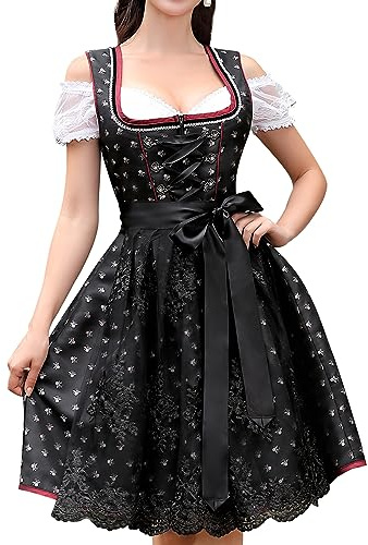 Dirndl Femme Midi Élégante Robe Traditionnelle Courte Ensemble 3 Pièces Comprenant Robe Dirndl Mode Traditionnelle Tablier Dirndl Chemisier Dirndl pour l'Oktoberfest (A-Noir, 42)