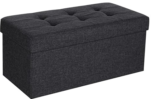 A406 Folding Ottoman Storage Box with Lids Pouffe Storage Unit Bench Foot Rest Stool Linen Fabric Bench with Resilient Sponge for Bedroom, Living Room & Entryway, Black (Black-Linen.76cm)