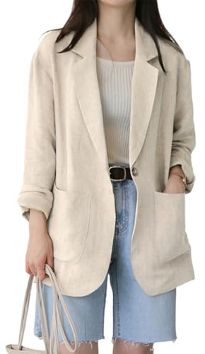IDEALSANXUN Chaqueta de Lino para Mujer, Casual, de Manga Larga, Ligera, para Primavera y Verano, Beige, XXL